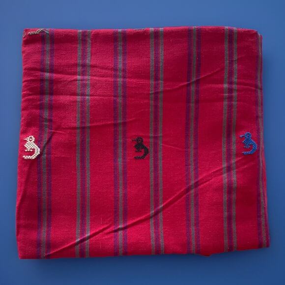 Vintage Large Guatemalan Handloomed Cotton Tablecloth Bird and Man Motif 58”x99” - Picture 4 of 6